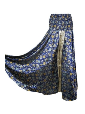 Mogul Women's Blue Floral Recycled Sari Smocked High Waist Divided Long Maxi Skirts
