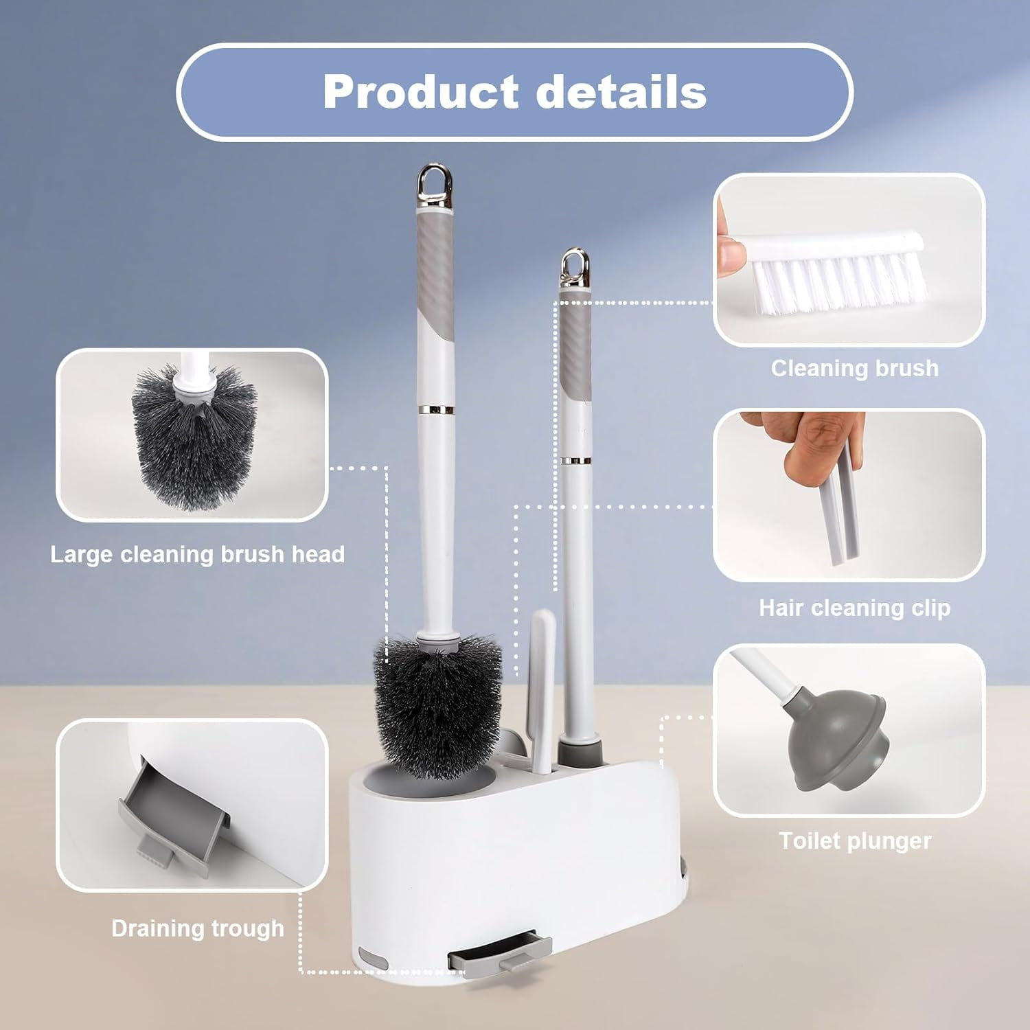 Toilet Brush and Plunger Set with Holder, Crevice Cleaning Brush and Clip, Wall Mounted Bathroom Cleaning Tool Combo