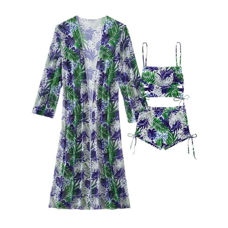 Wyobmus Women s 3 Piece Swimsuit Sets Hawaiian Outfits Bikini Sets Summer Beach Floral Cover Ups Swimwear Shorts Set Containing Chest Pad D-Black