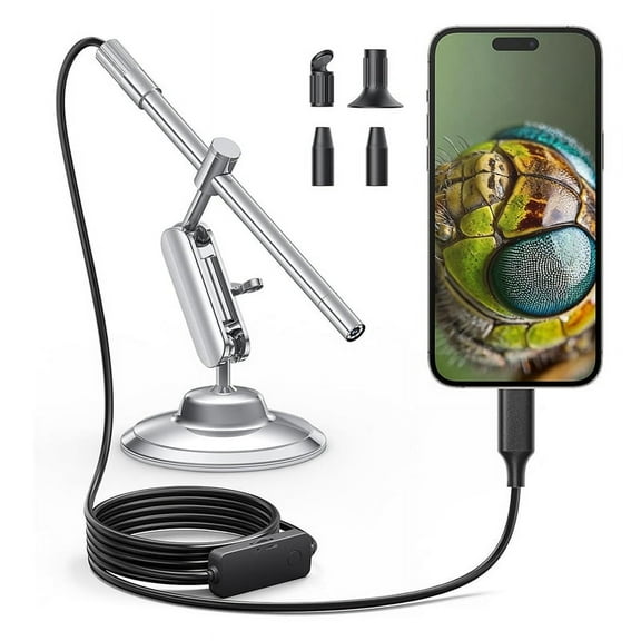 USB-C Digital Microscope, 10X to 200X Magnification Portable Camera with 8 LED Lights, Handheld Rotating Metal Stand,1 x Microscope 1 x Stand,Silver