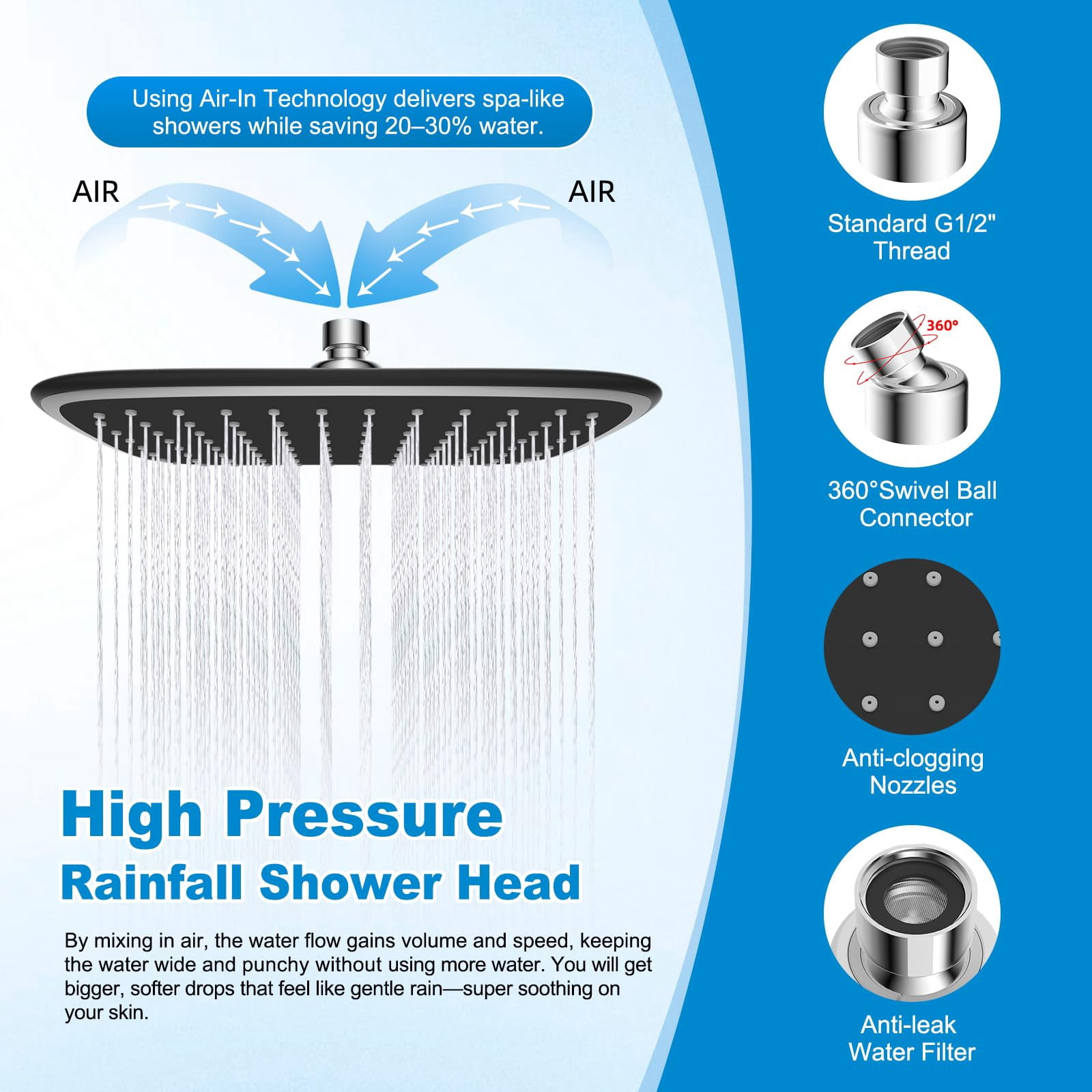 10" Rain Shower Head With Handheld  High Boosting Rainfall Showerhead All Metal Adjustable Extension Arm Easy Reach Holder 5 Spray Modes Power Wash To Install Chrome
