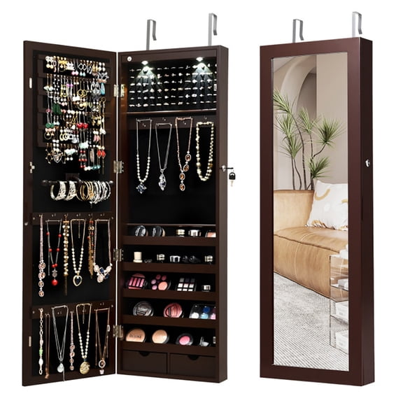 Yardi Yarda Lockable Wall Mount Mirrored Jewelry Cabinet, Cabinet with LED Lights, Brown