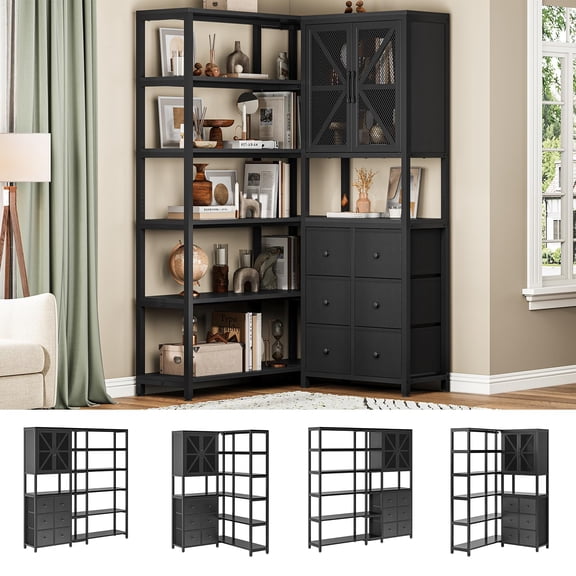 Afuhokles 6 Tier Corner Bookshelf, 70.9" Convertible Tall Bookcase with 6 Fabric Drawers and Metal Doors, Black