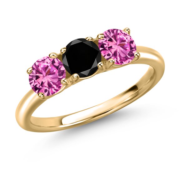 Gem Stone King 10K Yellow Gold Black Diamond and Pink Created Sapphire Engagement Ring for Women | 1.65 Cttw | Round 5MM | Gemstone April Birthstone | Size 6