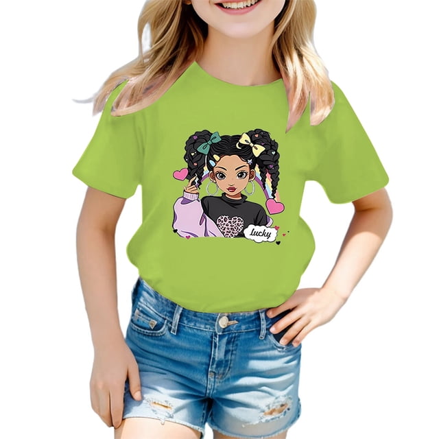 PMVFHDE Hauts à Manches Courtes pour Filles Hauts Mignons pour Filles Tendance Hauts d'Été pour Filles Robe T-Shirt Mignonne Graphique Col Rond Manches Courtes T-Shirt Décontracté d'Été Vert Clair, 5-6 Ans