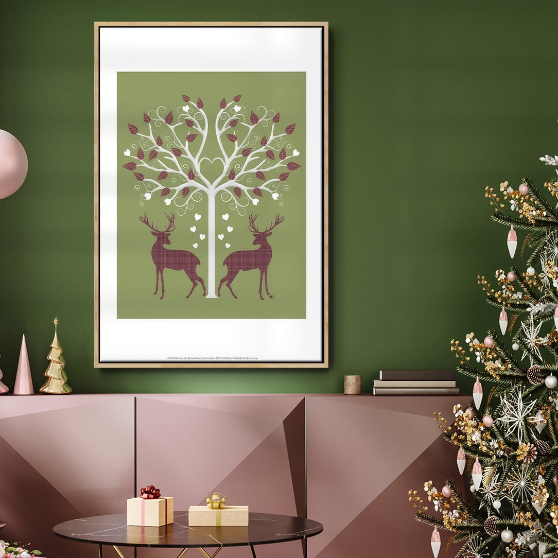 Christmas Des - Deer and Heart Tree, Pink On Green - Framed Gallery Wrapped Holiday Canvas - 27 x 41 - Natural Wood Frame