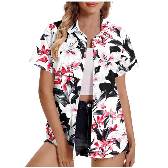 Staron Women's Casual Short Sleeve Hawaiian Print Button Down Shirt Blouse Comfy Relaxed Vacation Beach Top, 3XL