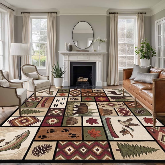 Country Patch Plaid Area Rugs 8'x10', Washable Small Throw Rugs for Living Room Patio, Brown Farmhouse Retro Bear Deer Cabin Indoor Outdoor Rug Non-Slip Low Pile Carpet Runner Reversible Floor Mats
