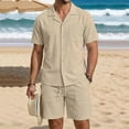 thumbnail image 2 of Linen Sets for Men Button Down Cuban Guayabera Shirt with Pocket Shorts Set 2 Piece Cotton Linen Outfits Big and Tall Size S-3XL Khaki, 2 of 6