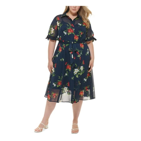 CALVIN KLEIN Womens Navy Sheer Belted Slip Lining Tie Cuffs Darted Floral Short Sleeve Collared Midi Shirt Dress Plus 22W