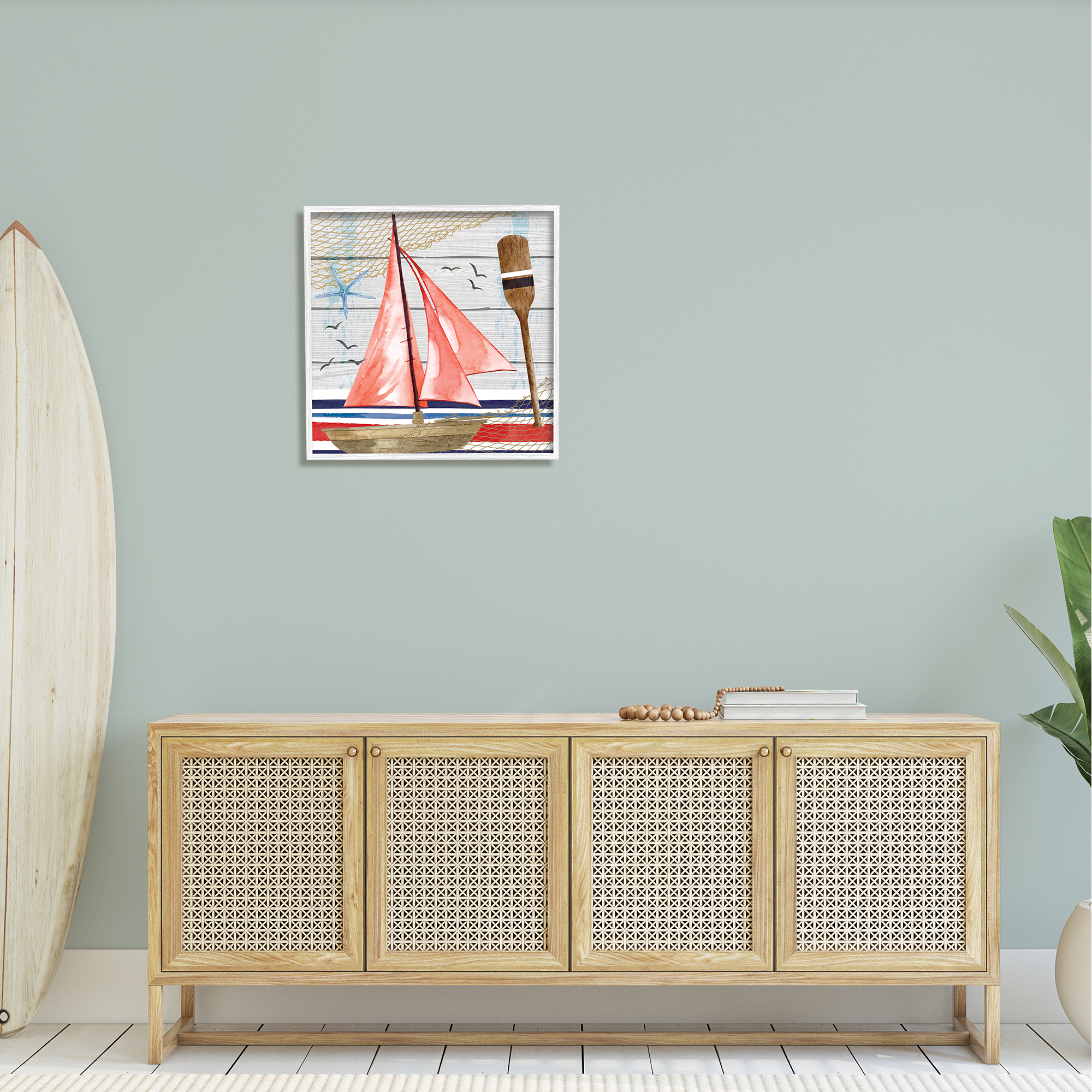 Stupell Coastal Plank Pattern Sailboat Landscape Painting White Framed Art Print Wall Art