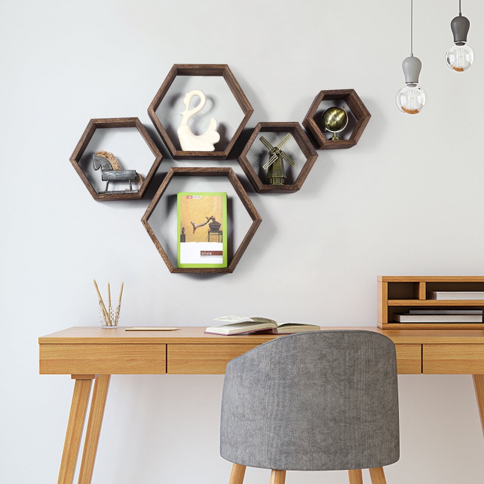 Hexagon Floating Shelves 5 Different Sizes Honeycomb Shelves for Wall, Brown