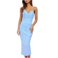 thumbnail image 2 of WIZUTIZ Strapless Dress for Women Relaxed Fit Skinny Fit Tube Bandeau Pleated Solid Sun Dresses Sleeveless V-Neck Pleated Dress for Womens Midi Dress Comfy Shopping Dress Blue, 2 of 5