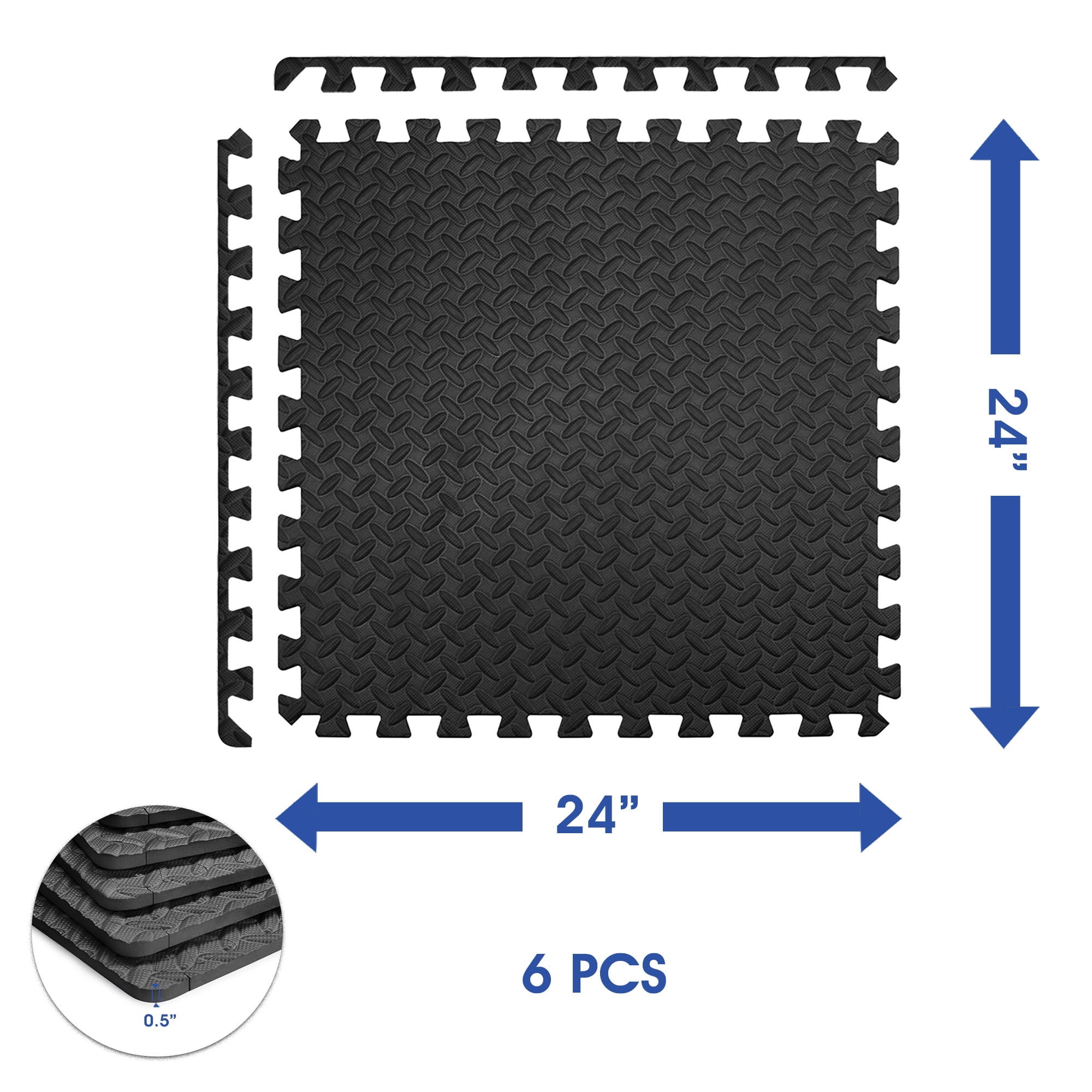 Yes4All 6 pcs Interlocking Exercise Foam Mats, Cover 24 sqft, 7/16 inch, Black Color