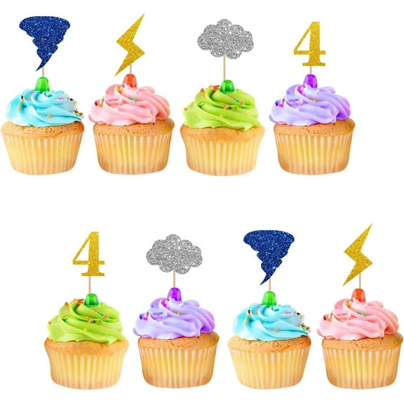 12pcs Fournado Cupcake Toppers, Tornado 4th Birthday Cupcake Toppers, Colorful Glitter Lightning Cupcake Picks for Boys, Weather Themed 4th Anniversary Party Supplies