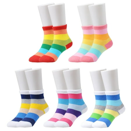 

EPEIUS Girls 5 Pack Seamless Rainbow Stripes Crew Socks Kids Girls Cotton Dress Socks for 9-12 Years Shoe Size 1-3.5