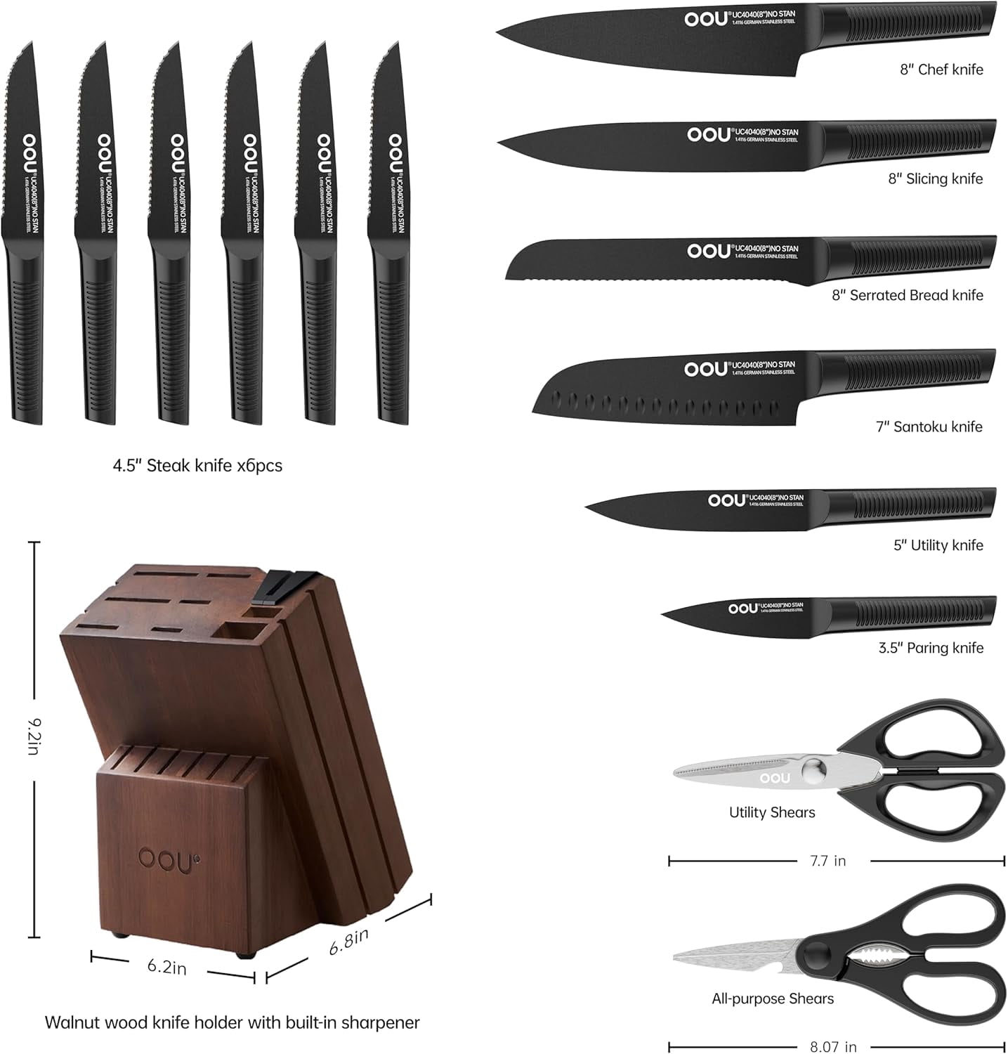 OOU Kitchen Knife Block Set - 15 Pieces High Carbon Stainless Steel Chef Knife Sets, Anti-Rust Black Knives Set with Built-in Sharpener Block, Walnut