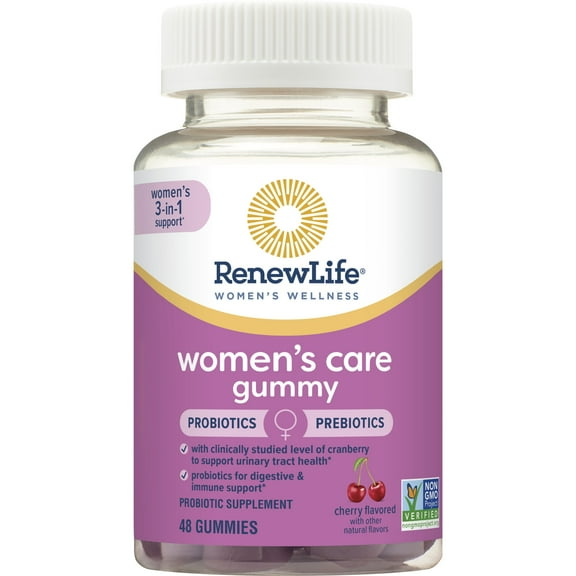 Renew Life Women's Care Cherry Prebiotic and Probiotic Supplement Gummies, Vegan, 2 Billion CFU, 48 Gummies