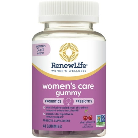 Renew Life Women's Care Cherry Prebiotic and Probiotic Supplement Gummies, Vegan, 2 Billion CFU, 48 Gummies