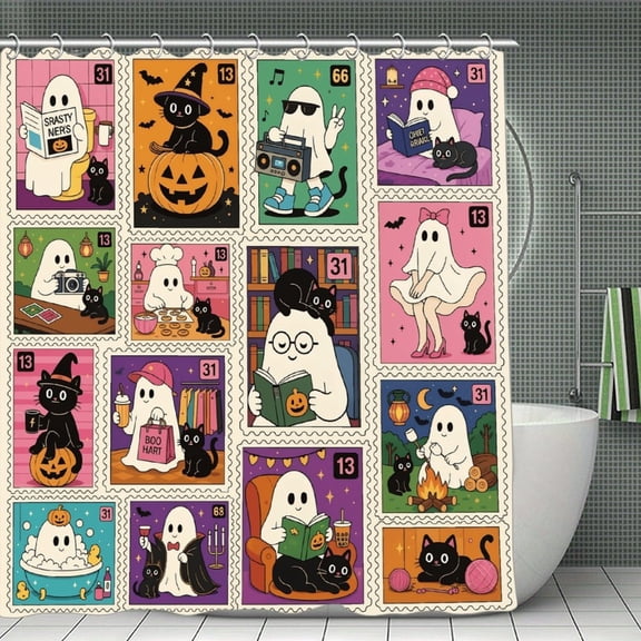 potopok Ghost Shower Curtain, Halloween Funny Bath Tub Curtain, Waterproof Black Cat Evil Pumpkin Bathtub Decor 70.8×70.8Inch