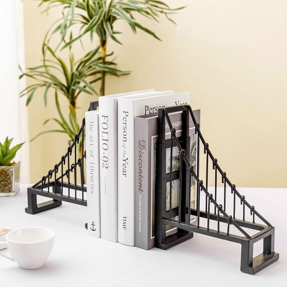 Decorative Bookends for Heavy Books, Black Metal Suspension Bridge Design Book End Shelf Decor, Architect Book Stopper Holder Stand, 2 Pcs Set