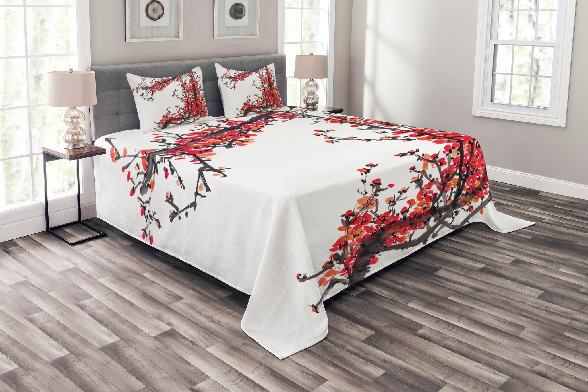 Japanese Bedspread Set King Size, Japanese Cherry Blossom Sakura Branch with Brushstrokes
