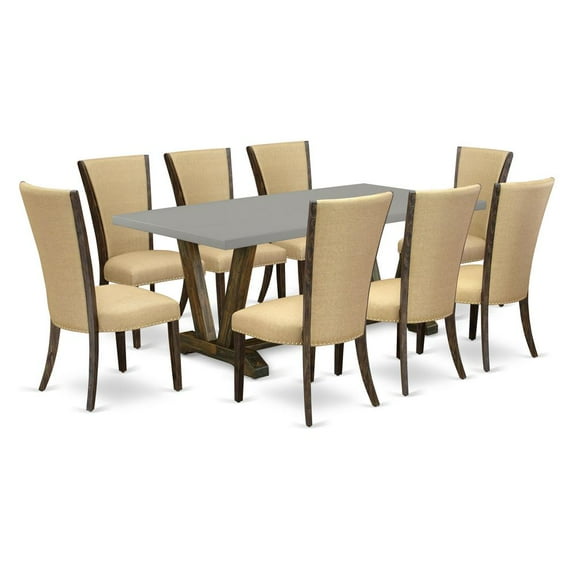 East West Furniture V-Style 9-piece Wood Dining Set in Jacobean Brown and Cement