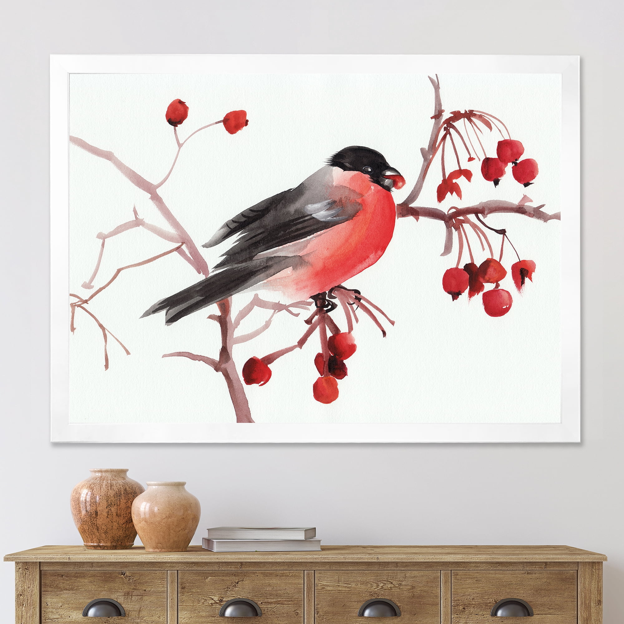 Designart 'Bullfinch Bird Sitting On A Branch' Traditional Framed Art Print
