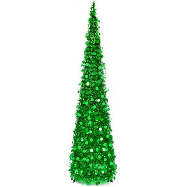 Artificial Tinsel Christmas Tree Slim Cone Shaped Decorative Tree with Metallic Foil Discs for Indoor Holiday Display