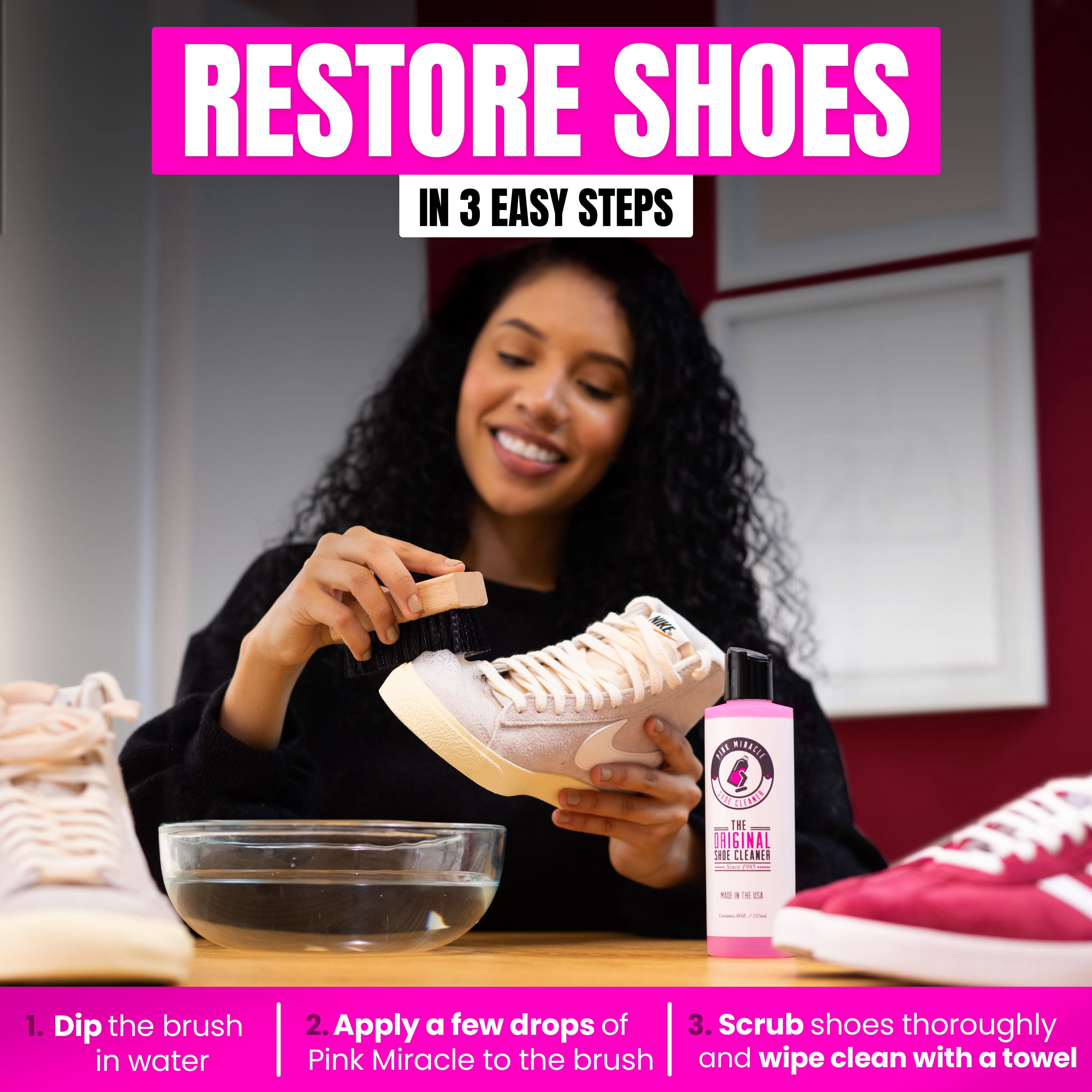 Pink Miracle Shoe Cleaner Kit with Brush - 8 OZ. Fabric Cleaner for Leather, Suede, Nubuck and White Sneakers