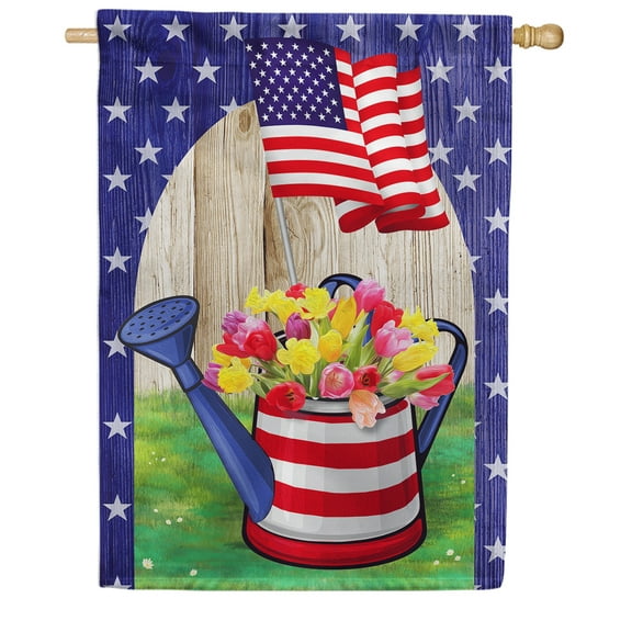America Forever Spring Patriotic House Flag 28 x 40 inches Double Sided Watering Can, Colorful Tulips. American Flag - Seasonal Yard Lawn Outdoor Decorative Millitary House Flag