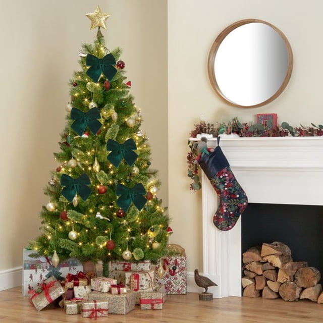 Paquete de 3 lazos de terciopelo para la punta del árbol de Navidad, decoraciones navideñas en blanco, rojo, amarillo, verde y rosa | Lazos para envolver regalos navideños en interiores y