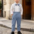 thumbnail image 2 of QTBIUQ Toddler Boys Three-Piece Suit Set Cotton Turn-Down Collar Shirt and Suspender Pants Formal Outfit Set with Bow Tie, 2 of 9