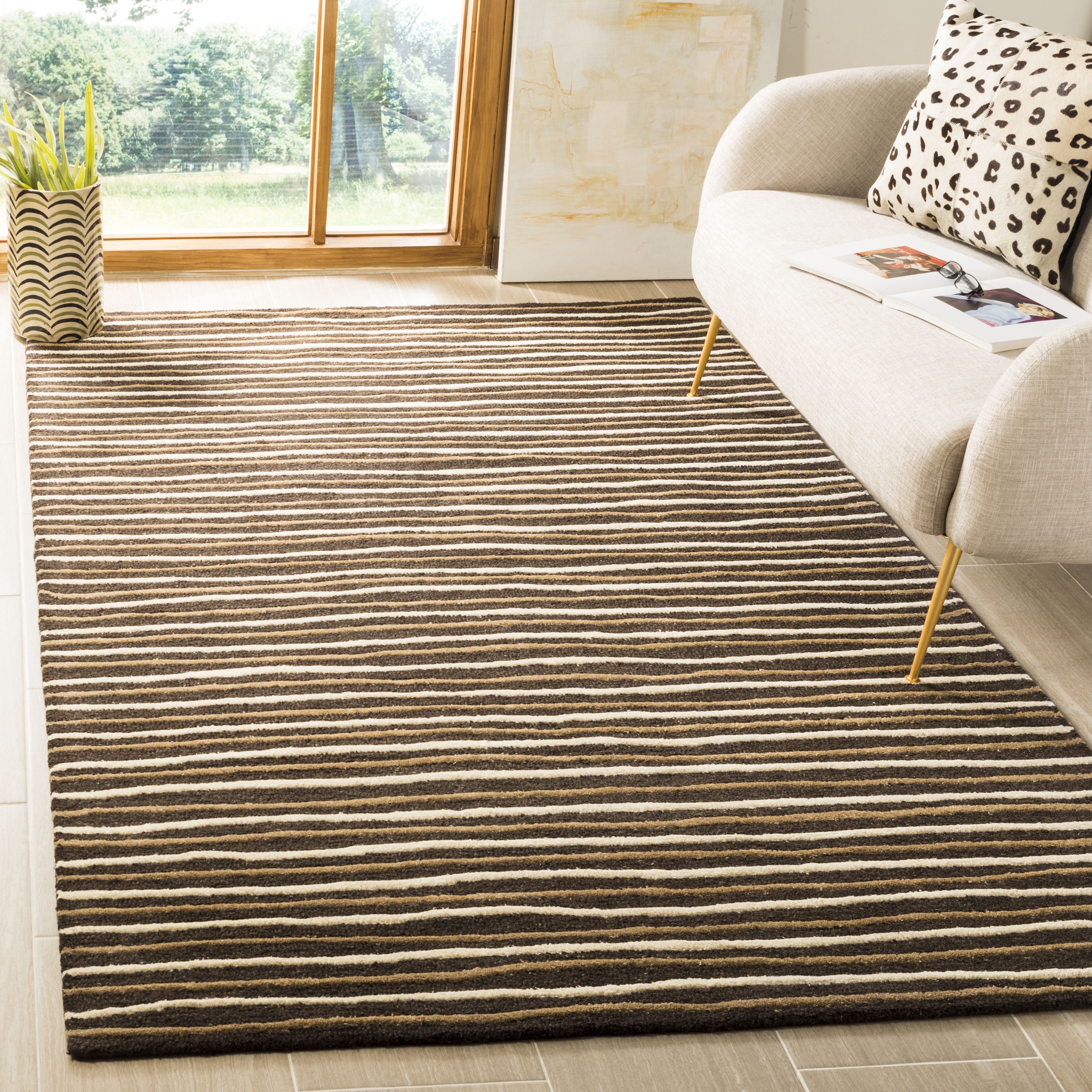 SAFAVIEH Martha Stewart Hand Drawn Stripe Area Rug, Tilled Soil Brown, 9'6" x 13'6"