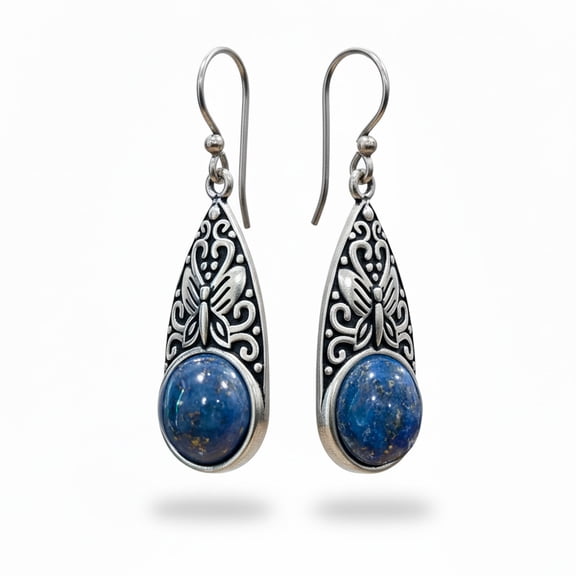 Filigree Unique Designer Handmade Lapis Lazuli Gemstone Drop Earring for Women 925 Silver Plated Ethnic Tribal Gypsy Boho Earring Jewelry