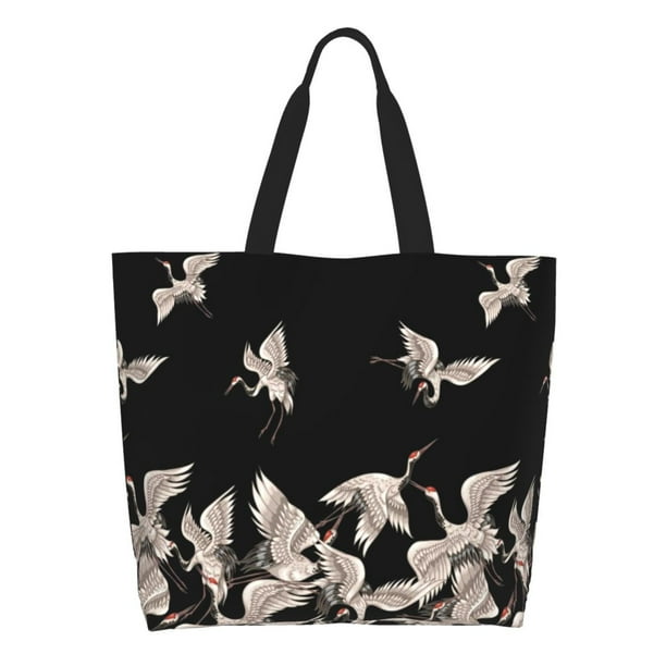 Fotbe Japanese White Crane Bolsa Tote Estética de Lona con Estampado para Mujer - Bolsa Reutilizable de Hombro Casual para Vacaciones, Compras, Trabajo y Gimnasio