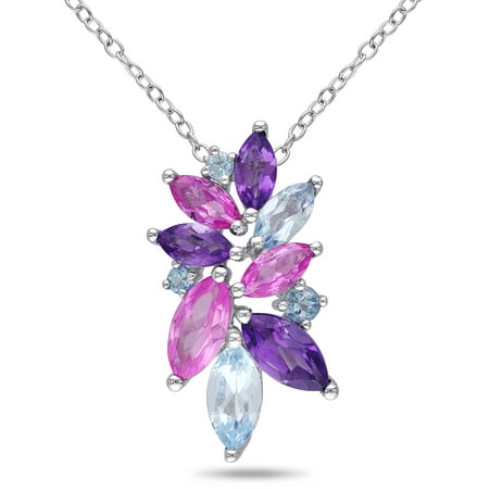 Sterling Silver Floral Pendant - Tangelo 4 Carat T.G.W. Created Pink Sapphire, African Amethyst, and Sky-Blue Topaz Sterling Silver Floral Drop Pendant, 18