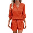 thumbnail image 2 of Dwaogom Women Casual Solid Color Drawstring Shorts Button Long Sleeve V-Neck Blouses Set Women Outfits Sweatsuit Casual Short Set, 2 of 6