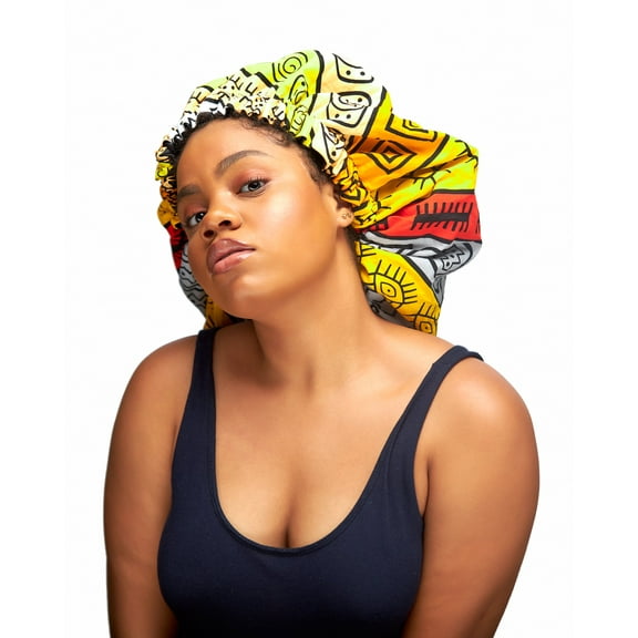 Yellow, Red And Orange African Ankara Silk Lined Regular Hair Bonnet
