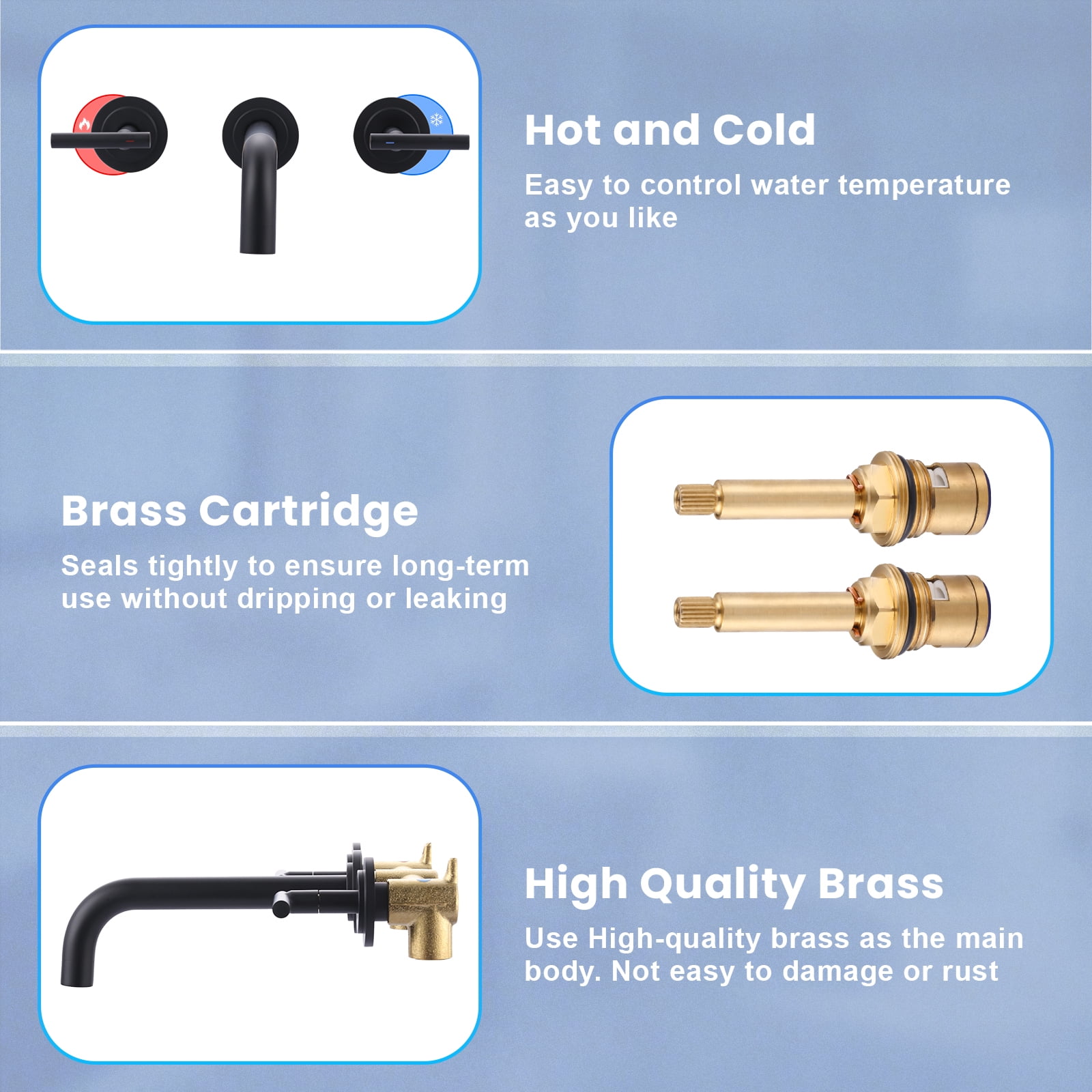 Double Handle Wall Mounted Bathroom Faucet with Rough-in Valve Included in Solid Brass Matte Black