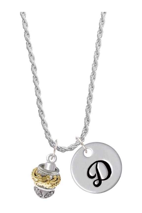 Goldtone Dragon with Silvertone Border Spinner Silvertone Script Initial Disc - D - Charm Necklace, 20"+3"