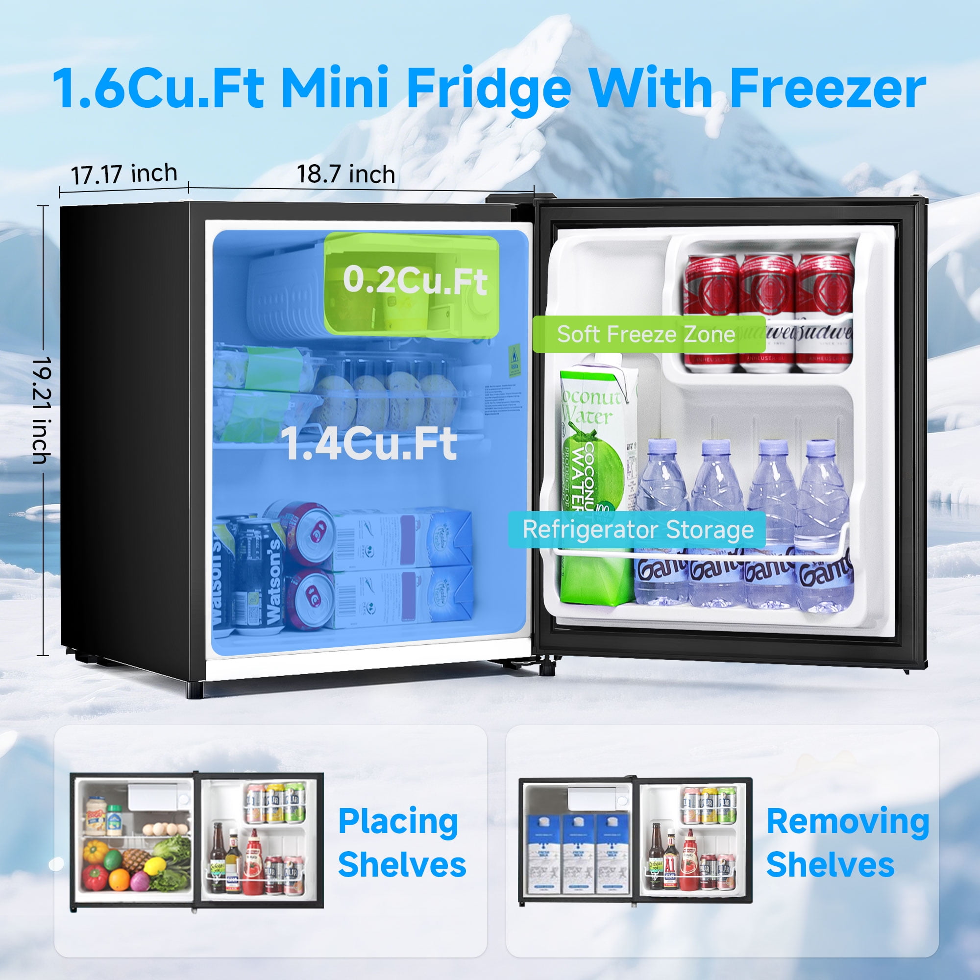 Aootek 1.6 Cu ft Single Door Mini Fridge with Freezer , Compact Refrigerator for Dormitory，Bedroom，Apartment，Office, Black