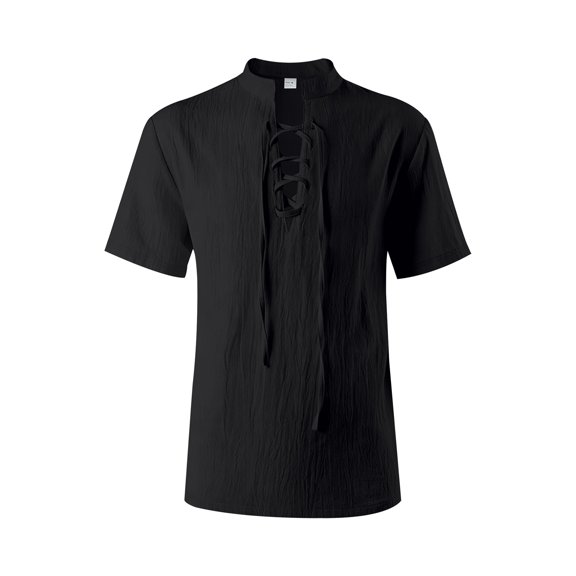 Mens Linen Short Sleeve Shirt Casual Button Down Top Breathable Summer Loose Fit Tunic Tee for Beach Vacation Travel Out Black 3XL