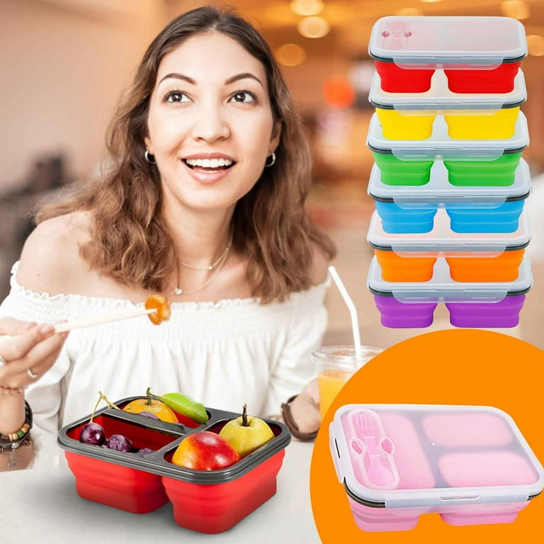 Oavqhlg3b Silicone Lunch Bento Box,Portable 3 Compartment Fresh Box Collapsible Oven and Microwave Safe Food Grade Lunch Box with Spoon, Adult Unisex