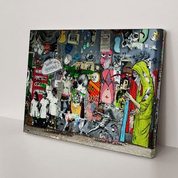 Framed Canvas Wall Picture Prints Banksy Art Vintage Canvas Painting Home Decor Street Graffiti Art Wall Decoration for Bedroom Kitchen and Office(12" W x 8" H，Framed)