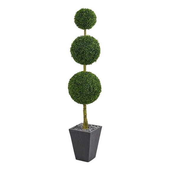 Nearly Natural 6 ft. Boxwood Triple Ball Topiary Artificial Tree in Slate Planter UV Resistant (Indoor/Outdoor)