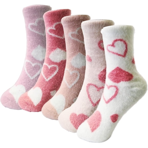 Valentines Day Gift for Her 5 Pairs Pink Fuzzy Socks Set Christmas Stocking Stuffers Women Gifts for Birthday Anniversary