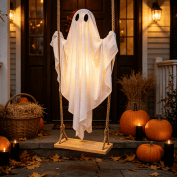 Halloween Decorations Outdoor - Large Hanging Swing Ghost Halloween Decor with String Lights, Spooky Cute Ghosts Decorations for Tree Porch Yard Garden Lawn 70.8in(Lamp Strip)