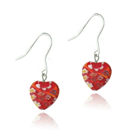 Murano Millefiori Flower Ring - Sterling Silver Murano Glass Red Oval Flower Millefiori Heart Earrings Valentine's Day