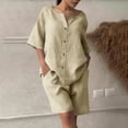 thumbnail image 4 of QATAINLAV Cotton Linen 2 Piece Outfits for Women Plus Size Loose Summer Lounge Set Casual Button Short Sleeve Tops and Bermuda Shorts Vacation Clothes Beige XXL, 4 of 10